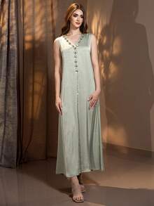 Layrah Women's Rhinestone V-Neck Dress And Long Robe Casual Party Travel Arabic Set - Green - View 7