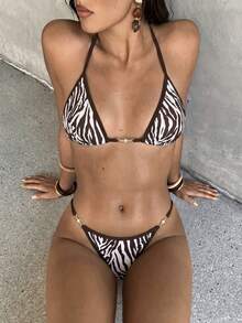 Swim Vcay 女款優雅浪漫休閒海灘度假性感時尚泳衣套裝，豹紋設計配可調節繫帶、珍珠金屬裝飾，適用於海灘、度假村、水療、音樂節、蜜月及休閒度假 - 彩色 - 查看 3