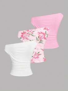 Sweetra Set Blus Wanita Musim Semi Asimetris dengan Ruffle dan Leher Asimetris, Elegan, Ringan, Nyaman, Serbaguna, dan Kasual. - MultiWarna - View 2
