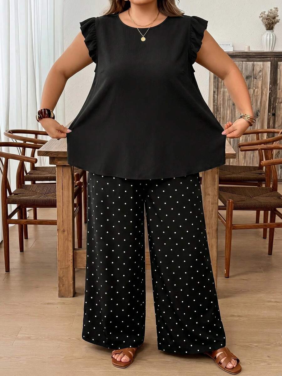 SHEIN CURVE+ 大尺碼圓點印花短袖上衣與長褲兩件套 - 白色 - 查看 1