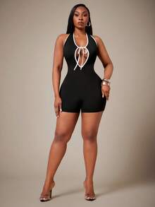 Radiana Curve Backless Black And White Halter Neck Hollow Out Bandage Bodysuit For Beach Concert Vacation Summer Sexy - Black and White - View 6
