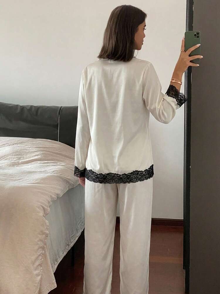 Women's Contrast Color Lace Trim Top And Pants Pajama Set