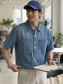 DAZY Washed Blue Short Sleeve Denim Shirt For Men Fall - Blue - View 4