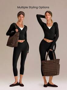 GLOWMODE 7L Water-Resistant Make It Quilted Dual Handle Tote Bag With Multi Pockets Daily Casual - Dark oak - View 2