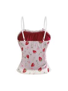 Sweetness Women's Romantic Cute Sweetheart Strawberry Print Contrast Color Lace Bow Decor Camisole And Long Skirt 2-Piece Set Vacation Red And White Summer - Multicolor - View 8