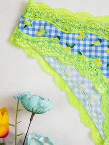 SHEIN 2pcs/Pack Women's Lace Patchwork Digital Print Bikini Panties - Multicolor - View 4