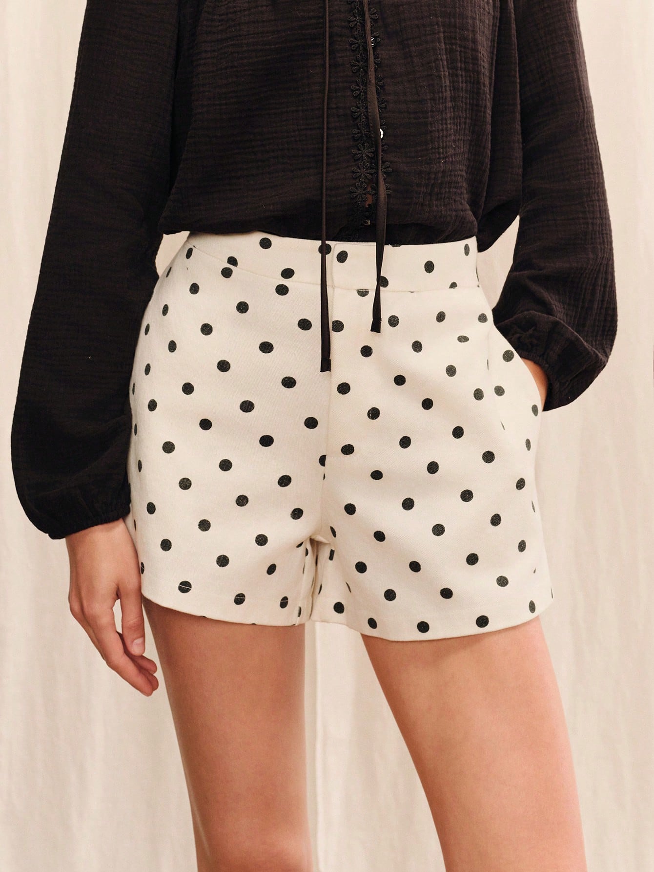 Black And White Polkadot Print High Waisted Cotton Short Summer Holiday Casual Vintage Chic