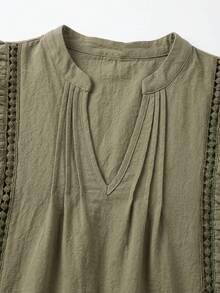 Balvessa Linen Military Green Top With Lace Patchwork, Flutter Sleeves And Ruffle Hem, Casual Elegant Commuter Blouse For Spring/Summer, Granny Style - Army Green - View 5