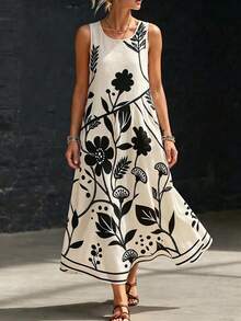 Louniche Standard Size Women's Sleeveless Black & White Printed A-Line Casual Vacation Dress, Spring/Summer - Multicolor - View 1