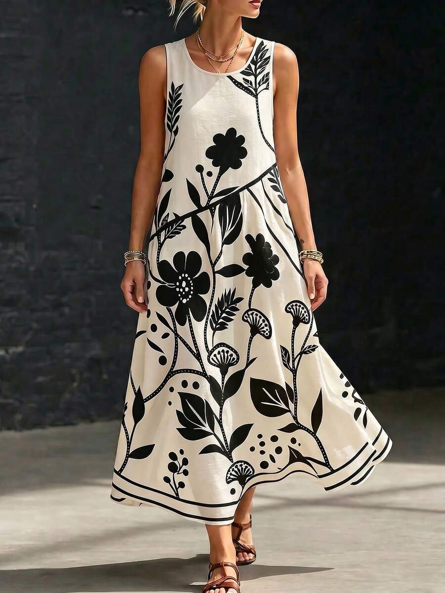 Louniche Standard Size Women's Sleeveless Black & White Printed A-Line Casual Vacation Dress, Spring/Summer - Multicolor - View 1