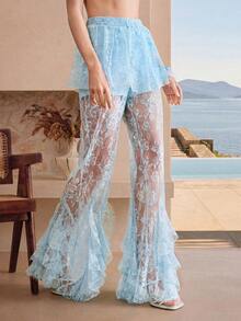 SHEIN Pantalon large en mousseline de soie à taille haute avec dentelle pour femmes, avec ourlet à volants et design en dentelle florale. Convient pour les vacances. - Bleu azur - Voir 1