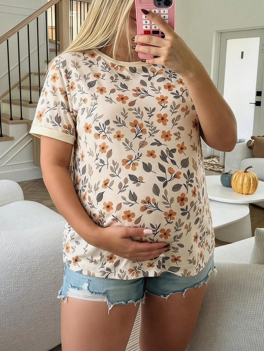 Plussiva Plus Size Pregnant Women's Casual Floral Print Short Sleeve Top, Vacation Style - Multicolor - View 1