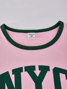 SHEIN 2件組女孩寬鬆休閒對比色領口字母Logo印花短袖T恤與素色織帶對比色寬腿褲套裝，寬鬆版型，適合夏季旅行、度假、上學與戶外穿著 - 彩色 - 查看 2