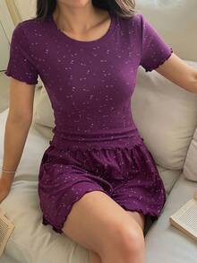 DAZY 2件組甜美碎花修身短袖T恤與寬鬆短褲女款睡衣套裝，夏季 - 紫色 - 查看 3