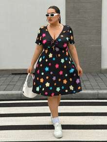 SHEIN CURVE+ Plus Size Women's Floral Casual Dress, Fashionable For Spring And Summer, New Spring Dress - Black - View 9