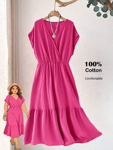 Rusticease Plus Size Women's Casual Vacation Short Sleeve Solid Color Rose Pink Mid-Length Dress, Comfortable & Relaxed,Summer - Hot Pink - View 9