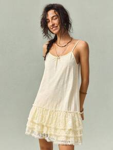 SoleilVie Women's Sweet Ruffled Lace Patchwork Camisole Dress - Yellow - View 8
