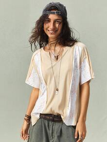 SoleilVie Vintage Casual Boho Summer Loose Fit V-Neck Short Sleeve Top, Pink And White Base With Floral Chiffon Contrast Panels, Soft Knit Fabric, Vacation - Apricot - View 2