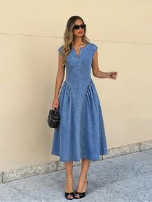 Selenza Women's V-Neck Ruched Casual Denim Dress - Blue - View 9