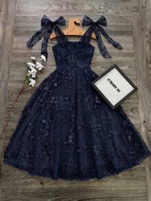 SHEIN Raffinéa Elegant Lace Jacquard Dress - Navy Blue - View 3