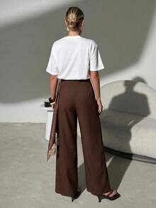 Lavishia Women's Fashion Lace Patchwork Asymmetrical Tie-Up Elegant Wide-Leg Pants - Khaki - View 2