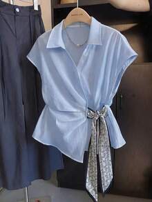 Franclia Plus Size White Batwing Sleeve Short Sleeve Blouse With Tie - Baby Blue - View 1