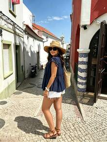 Vionelle Plus Size Loose Ruffle Patchwork Doll Blouse Vacation Navy Blue Summer Elegant - Navy Blue - View 2