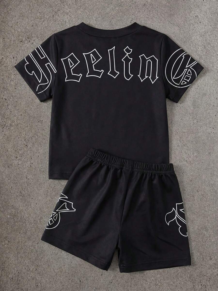 SHEIN Conjunto de 2 piezas para bebé niño, infante y niño pequeño, negro, casual de verano para escapada urbana, camiseta de punto con cuello redondo y manga corta con gráfico en inglés & pantalones cortos a juego, 6M-3T - Multicolor - Ver 1