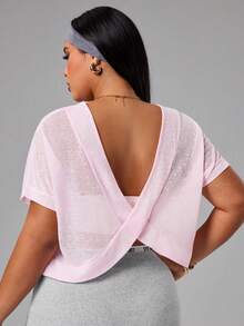 SHEIN Rhythm Era Plus Size Women's Fashion Casual Elegant Fitness Running Outdoor Semi-Sheer Loose Backless Short Sleeve Yoga Sports Top - Baby Pink - View 1