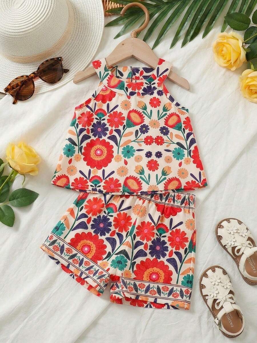 SHEIN 2件/組 幼女波希米亞花卉印花掛脖無袖上衣 & 短褲套裝 米色 夏季休閒度假假日 寬鬆版型 外出穿搭 - 彩色 - 查看 1