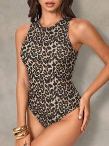 Shapewave Women's Leopard Print One-Piece Swimsuit, Suitable For Beach Vacation Vacation, Pool Party, Beach Party Beige Summer Tropical - Multicolor - View 5