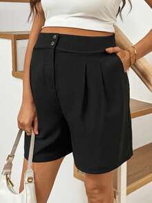 SHEIN Maternity Solid Color Minimalist Business Casual Versatile Elastic Waist Button Pleated Shorts Beach Summer - Black - View 4
