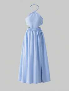 Sparklyn Tween Girl Striped Print Hollow Out Halter Neck Dress - Blue - View 3