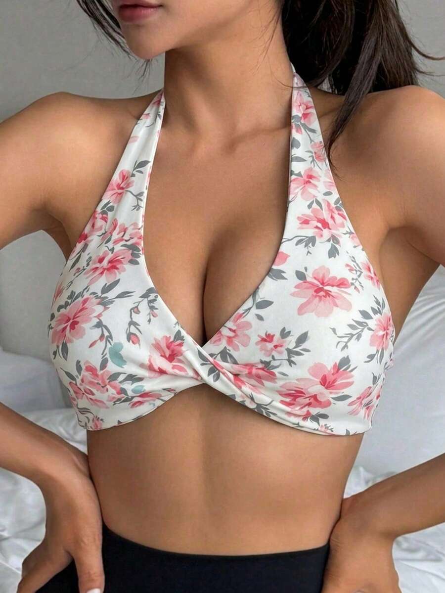 DAZY Solid Color Twist Front Racerback Sports Bra For Women - Pink - View 1