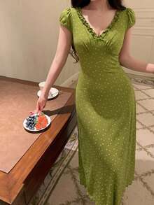 DAZY 碎花荷葉邊收腰長洋裝，女款夏季睡衣睡袍 - 綠色 - 查看 4
