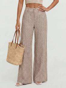 Avantive Women's Casual Vacation Daily Commute Color Block Striped Print Slant Pocket Loose Wide Leg Long Pants - Mocha Brown - View 6