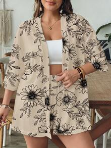 SHEIN VCAY Women's Vacation Resort Style Beige Vintage Boho Line Art Floral Print Short Sleeve Kimono Cover Up - Loose High Waist Shorts Two Pieces Casual Set - Multicolor - View 5