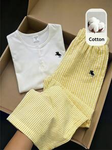SHEIN 两件套女童针织纯色圆领休闲T恤和条纹裤套装 - 黃色 - 查看 1