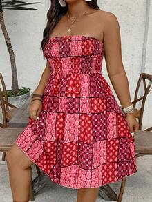 SHEIN LUNE Plus Size Women's All-Over Print Casual Party Strapless Dress - Red - View 4