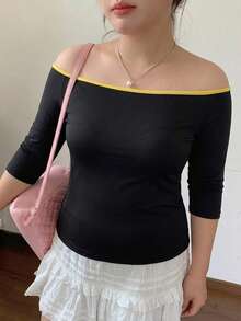 Dazy Plus Plus Size Women's Summer Casual Daily Commute Contrast Trim Off-Shoulder 3/4 Sleeve Fitted T-Shirt - Black - View 1