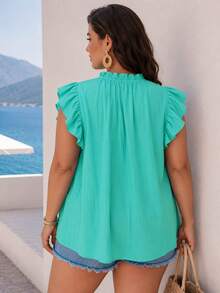ELLERISSA Plus Size Light Blue Sleeveless Boho Bib Linen-Look Top Vacation Summer - Mint Blue - View 2