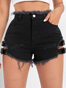 Jeanoix Plus Size Sexy Frayed Hem Button Denim Shorts, Summer - Black - View 3