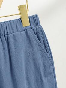 SHEIN 男童大童寬鬆休閒立領梭織素色短袖襯衫與長褲2件組 - 霧霾藍 - 查看 7