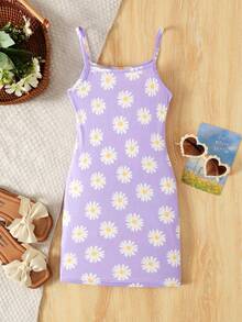 Young Girl Fashion Daisy Knit Print Purple Camisole Dress - Purple - View 5