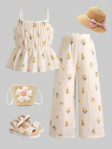 SHEIN Elladie kids 两件套少女可爱甜美吊带背心和阔腿裤套装，黄色碎花印花，休闲度假沙滩装 - 黃色 - 查看 7