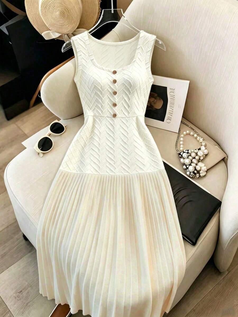 SHEIN Franclia 女士优雅休闲浪漫宽松性感派对音乐会聚会情人节约会外出生日装新年装夏季连衣裙嘉年华连衣裙沙滩装派对连衣裙白色连衣裙杏色连衣裙拼接纹理面料褶皱伞裙A字连衣裙纽扣装饰配饰优雅纹理针织修身纹理针织面料