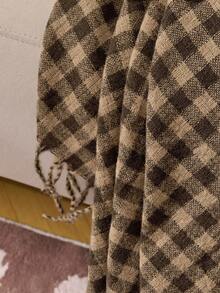 1pc Small Square Checkered Woven Sofa Blanket, Casual Style Polyester Rectangular Tassel Throw For Nap Or Daily Use At Office - Brown - View 4