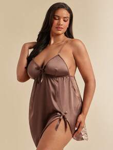 SHEIN BAE CURVE SilkySpell Plus Size Women Faux Silk Lace Patchwork Backless Slip Dress - Brown - View 3