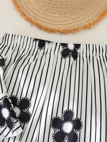 2pcs/Set Tween Girl Spring/Summer Black & White Striped Floral Print, Ruffle Gathered Halter Top, Straight Leg Pants - Black and White - View 7