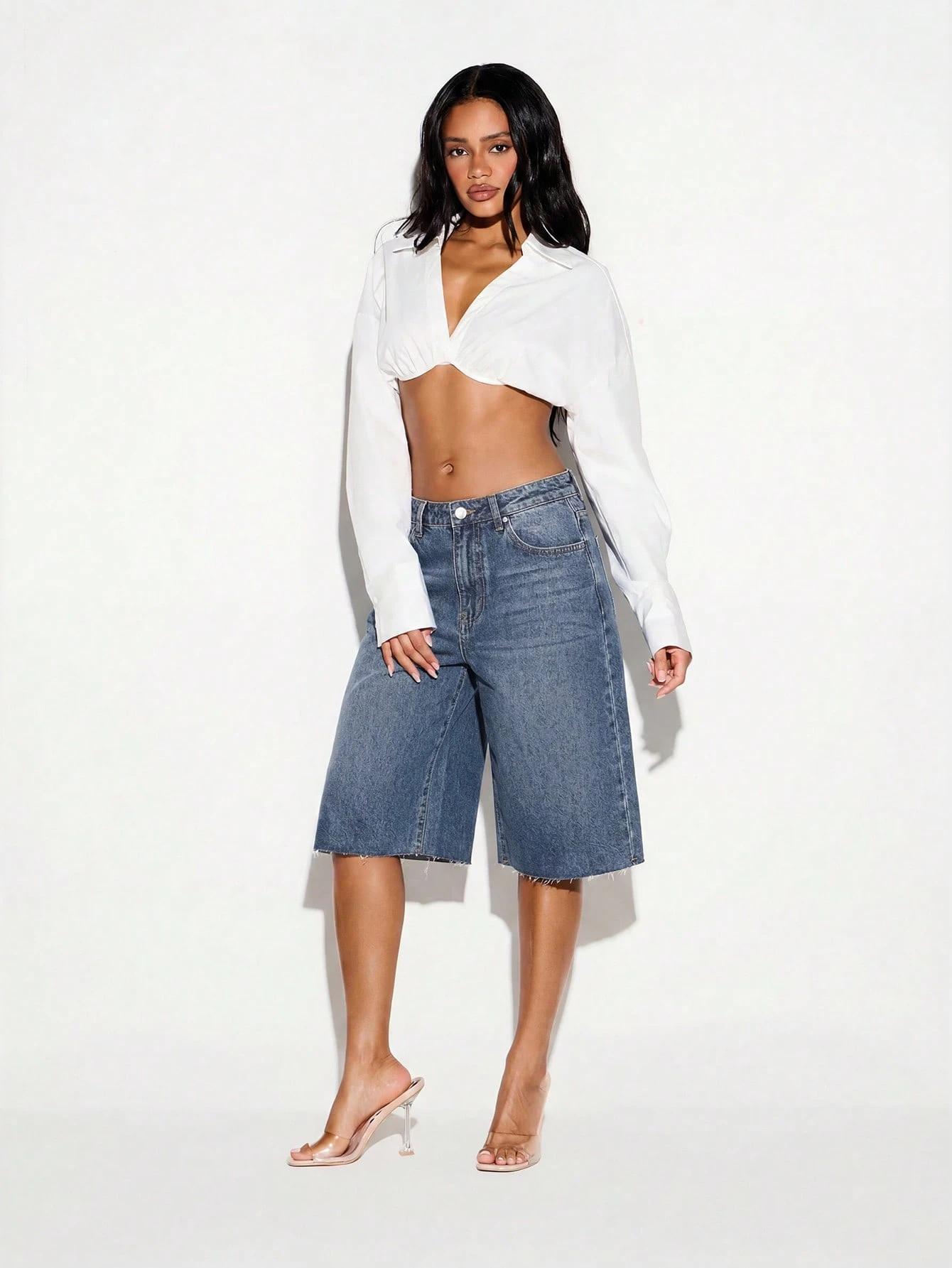 Baggy Wide Leg Denim Jorts With Raw Hem